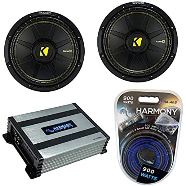 Kicker (2) CWS10 Audio para Coche CompC Subwoofer 10" Sub 44CWCS104 Paquete con Harmony HA-A400.1 Amplificador y Kit de Amp HA-SUBPACK101
