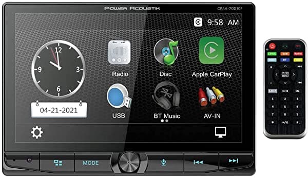POWER ACOUSTIK CPAA-70D10F - DVD flotante de doble DIN de 10.6 pulgadas con Apple Car Play y Android Auto