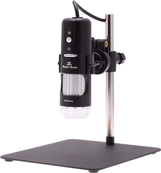Aven 26700-209 Mighty Scope Microscopio digital de mano, aumento de 10 x 200x, iluminación LED blanca superior, con soporte, incluye cámara de 5 MP