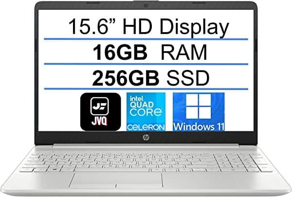 Computadora portátil HP de 15.6 pulgadas HD 2022, Intel Celeron Quad-Core N4120 (hasta 2.6 GHz), 8 GB DDR4 RAM, 256 GB SSD, HDMI, Bluetooth, cámara web, USB-C, RJ45 Ethernet, Windows 11S, plateado, JVQ Mousepad