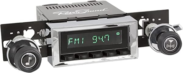 Retro Manufacturing HB-116-117-37-73 Hermosa radio de ajuste directo para vehículo clásico (cara negra y botones y bisel cromado)