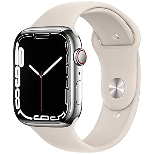 Amazon Renewed Apple Watch Series 7 (GPS + celular, 45 mm) - Caja de acero inoxidable plateada con banda deportiva Starlight (reacondicionado) Apple Watch series 7 45mm