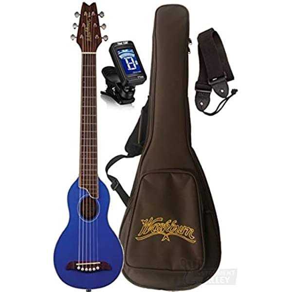 Washburn Rover - Paquete de guitarra acústica de 6 cuerdas, derecho, azul translúcido (RO10STBLK-A)