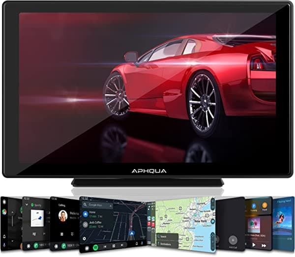 APHQUA A2 - Estéreo inalámbrico portátil Apple CarPlay y Android Auto con parasol, pantalla táctil IPS de 7 pulgadas, Bluetooth 5.0 manos libres, enlace espejo/GPS/Siri para todos los vehículos y camiones