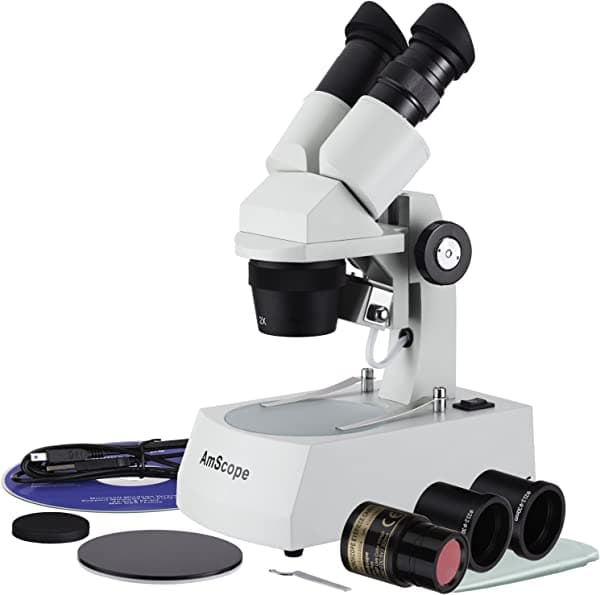 AmScope SE306-AZ-E2 Microscopio binocular digital estéreo, oculares WF10x y WF20x, aumento 20X/40X/80X, objetivos 2X y 4X, iluminación halógena superior e inferior, placa de escenario reversible negro/blanco, soporte de brazo, 120 V, incluye cámara de 2 MP y software