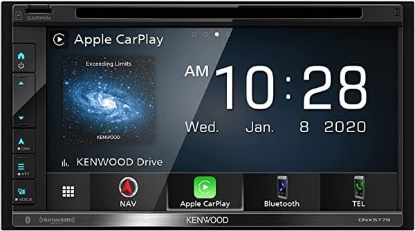 KENWOOD DNX577S - Estéreo para auto con DVD de 6.8 pulgadas, navegación Garmin integrada, servicio de tráfico Inrix, CarPlay y Android Auto, Bluetooth, cuatro entradas de cámara