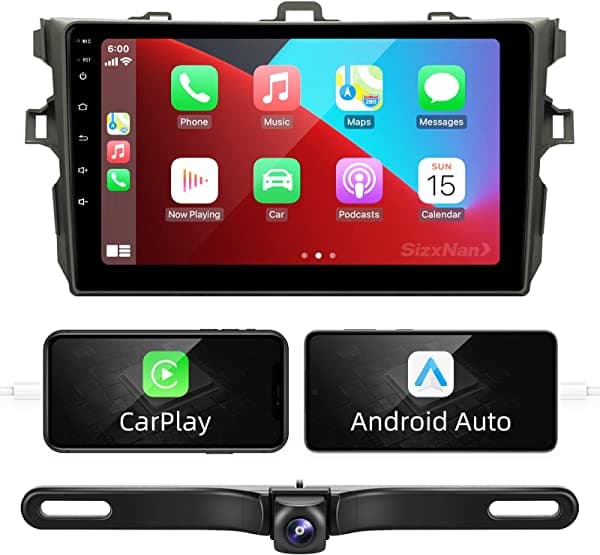 SizxNanv para Corolla Android 10 pantalla táctil compatible con CarPlay y Android Auto, estéreo para auto Bluetooth navegación multimedia GPS WiFi cámara trasera para Toyota Corolla 2007 2008 2009 2010 2011