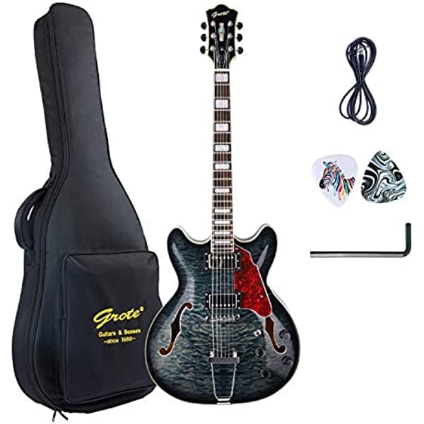 GROTE Jazz - Guitarra eléctrica, ondulación de agua, semihueca, trapece, bolsa de guitarra (negro) GRS-001