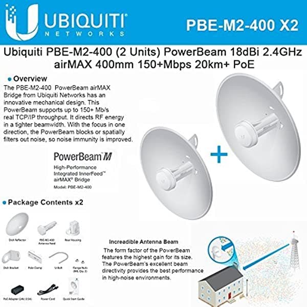 Ubiquiti PowerBeam M2 2-PACK PBE-M2-400 18dBi 2.4GHz 400mm 20km+ PoE ideal para redes inalámbricas de largo alcance PBE-M2-400-2pack