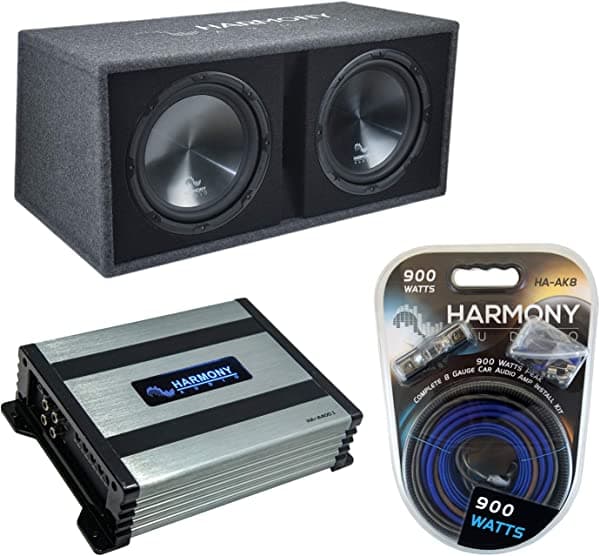 Harmony Audio Bundle compatible con vehículo universal HA-RD12, subwoofer doble de 12" ventilado de 1200W, caja para subwoofer con amplificador HA-A400.1 y kit de amplificador HA-SUBPACK205