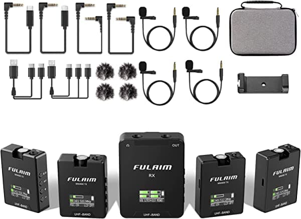 FULAIM WM400 UHF Sistema de micrófono Lavalier inalámbrico, micrófono de solapa Lavalier de 200 canales con 4 transmisores recargables y 1 receptor para grabar YouTube, entrevistas, vlogging, conferencias