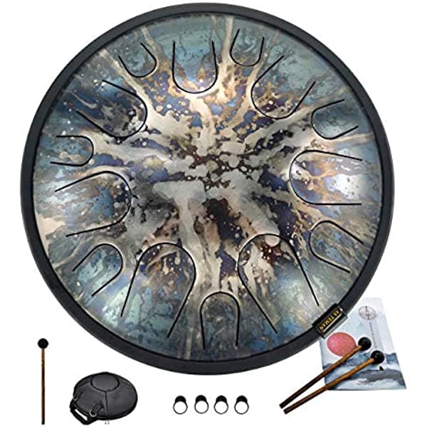 ASTEMAN Tambor de lengüetas de acero de 14 pulgadas, tongue drum de 14 notas con funda resistente, 2 mazos de goma, 4 anillos de dedo y libro de tutoriales NARF5_11367