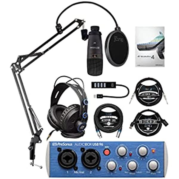 PreSonus AudioBox 96 Studio - Paquete de grabación USB 2.0 con interfaz, auriculares, micrófono y Studio One Artist, brazo Blucoil Boom, 10 pies XLR y cables de instrumento, USB-A Mini Hub y cable de extensión USB de 3 pies A1932