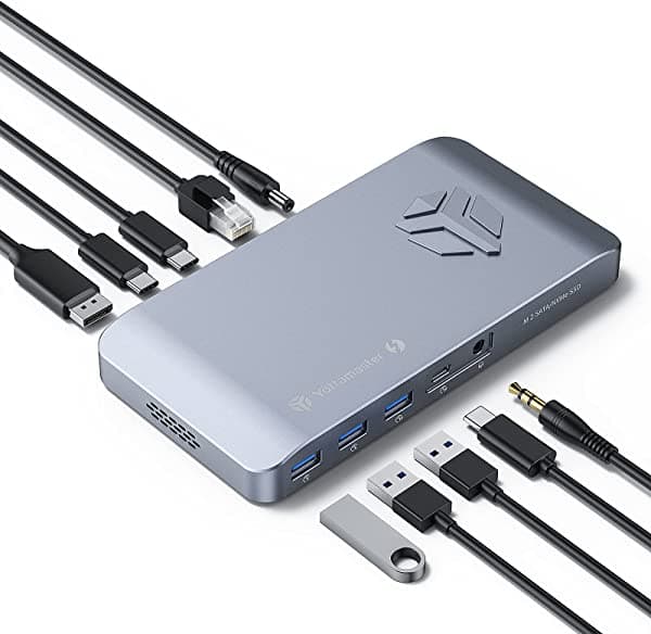 Base Thunderbolt 3 con carcasa NVMe y SATA y ventilador, estación de acoplamiento USB C de Yottamaster con pantalla 4K dual, carga de 65 W, expansión de 8 TB, USBA/C, Ethernet, audio, para Mac (M1) y Windows [MS5]