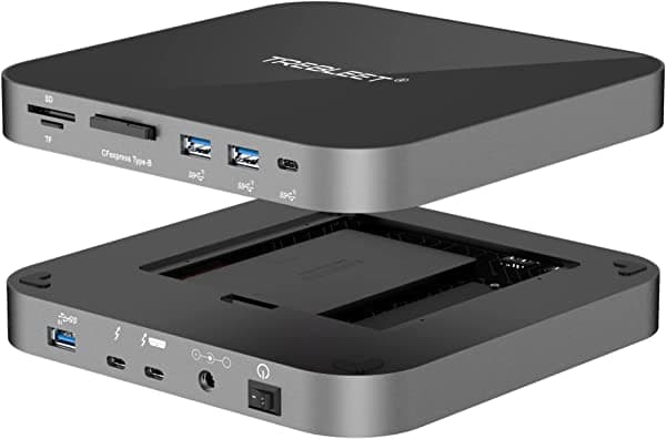 TREBLEET Super Thunderbolt 3 Dock para Mac Studio y Mac Mini, estación de acoplamiento con ranura NVMe/SATA (hasta 2800 Mbps), 4 puertos USB 3.1 (10 Gbps), lectores de tarjetas CFexpress/TF/SD, soporte de cadena Daisy (hasta 5 unidades) (gris)