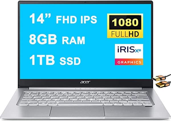 Acer Flagship Swift 3 - Laptop de negocios de 14 pulgadas, FHD IPS ComfyView Display de 11ª generación Intel Quad-Core i7-1165G7 8GB RAM 1TB SSD Intel Iris Xe Graphics retroiluminado USB-C WiFi6 Win10 + cable HDMI Acer Swift 3