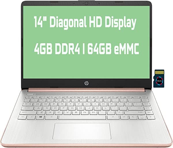2021 HP Laptop 14 Premium Computer I 14" Diagonal HD Display I Intel Celeron N4020 I 4GB DDR4 64GB eMMC I Intel UHD Graphics 600 I USB-C HDMI Wifi5 Win10 + Delca 32GB Tarjeta MicroSD