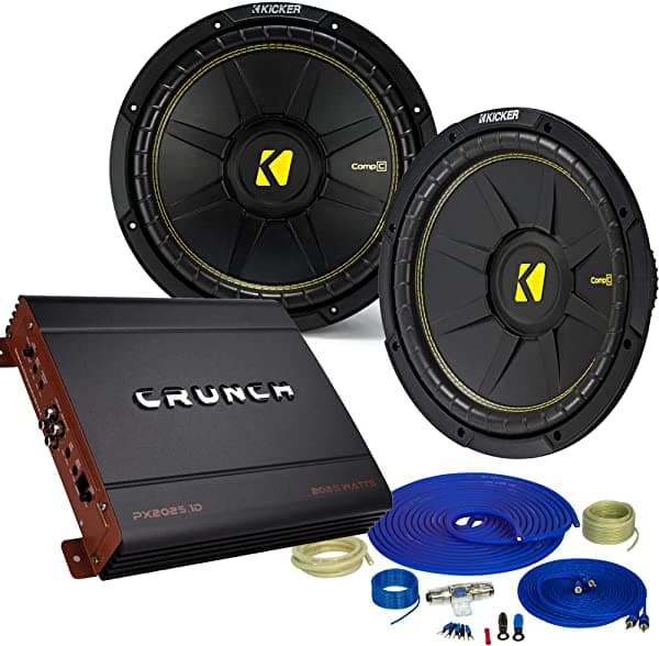 Kicker Paquete de 2 subwoofers Comp de 12 pulgadas y un Crunch PX2000.1D 2000 W Max Amp + Amp Wire Kit