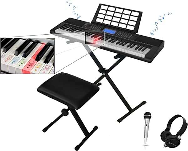 Technical Pro 61 teclas teclado eléctrico de aprendizaje de piano paquete con asiento, soporte y micrófono, 3 modos de aprendizaje, auriculares con altavoz incorporado, pantalla LCD, luces LED, asiento/soporte incluido, USB, micrófono con cable PIA6100