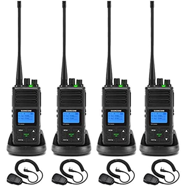 SAMCOM FPCN30A Walkie Talkies con auricular y micrófono, radios bidireccionales de largo alcance, 5 vatios de alta potencia, batería resistente de 1500 mAh, radios UHF de 2 vías recargables 4 paquetes con 4 micrófonos de hombro