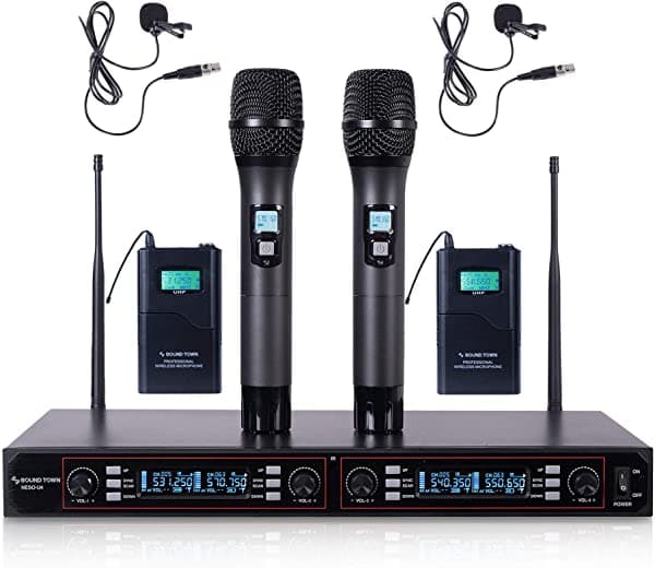 Sonido Town profesional UHF sistema de micrófono inalámbrico de mano con visualización LED, 2 micrófonos de mano, 2 micrófonos, 2 Bodypack transmisores (neso-u4hl) NESO-U4HL-FBA