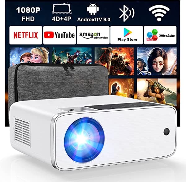 GROVIEW Proyector inteligente compatible con 4K - Proyector de película para exteriores 9500 Lux 1080P FHD con WiFi Bluetooth, control de aplicación, corrección 4D, AndroidTV 9.0, software de oficina, proyector portátil para cine en casa ‎RD881