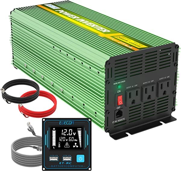 EDECOA - Inversor de corriente de onda sinusoidal pura de 2000 W, CC 12 V a CA, 120 V, 110 V, con mando a distancia LCD, 2 USB, para caravana 2000W-12V
