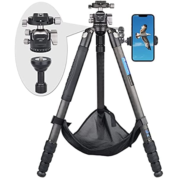 ARTCISE trípode de fibra de carbono para cámara, trípode profesional resistente con adaptador de bowl, rótula de bola panorámica de perfil bajo, carga máxima de 44 libras para videocámara Canon Sony DSLR
