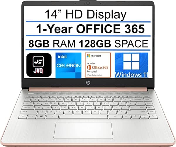 HP Tuners Laptop HP Stream HD de 14 pulgadas, Intel Celeron N4020 (hasta 2.8 GHz), 8 GB de RAM, 128 GB de espacio (64 GB eMMC+64 GB), 1 año Office 365, WiFi, HDMI, USB-C, cámara web, Bluetooth, Windows 11S, oro rosa + JVQ MP HP 14 LAPTOP