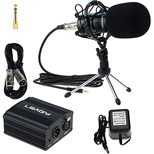 LEAGY L-58 micrófono dinámico de estudio para grabar sonidos, micrófono condensador de audio con araña antivibración, de 48 V, fuente de alimentación fantasma, cable de 3 pines XLR, mini trípode de escritorio