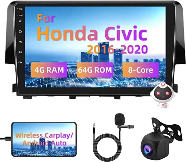 podofo Estéreo para auto Android 4+64G para Honda Civic 2016-2020 compatible con audio Carplay inalámbrico con Android Auto WiFi navegación GPS cámara de retroceso, receptor de radio AM/FM/RDS, control de volante DSP HiFi, 8 núcleos