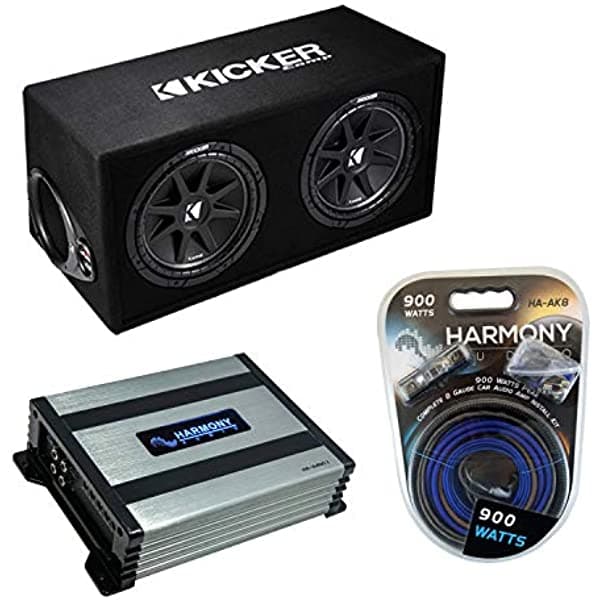 Kicker Bundle - Caja sub de 12 puertos Comp de 600 W con kit de cableado Harmony HA-A400.1 Amp y amplificador HA-SUBPACK73