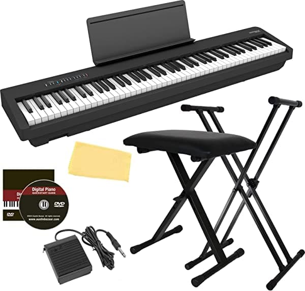 Roland Piano digital FP-30X - Paquete negro con soporte ajustable, banco, pedal de mantenimiento, DVD instructivo de Austin Bazaar y paño de pulido AUS-FP-30X-BK-COMBO-DLX