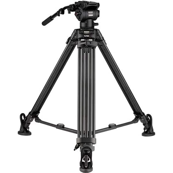 Magnus REX VT-5000 - Trípode de video de aluminio de 2 etapas con cabezal fluido, media bola de 2.953 in, se extiende a 64.25 pulgadas, carga máxima 17 libras. Patas de doble pico, esparcidor de nivel medio. Más placa QR, barra de sartén y estuche