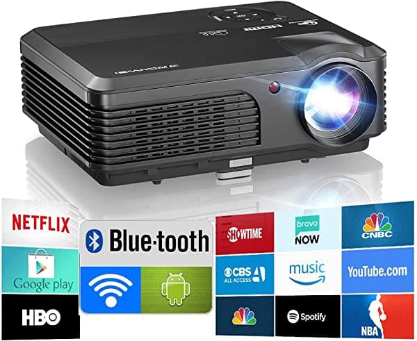 CAIWEI Proyector WiFi Bluetooth 1080P, proyector de películas al aire libre con sistema operativo Android, 7500Lm Home Theater 200 pulgadas, pantalla de sincronización de teléfono inteligente compatible con iOS/Android/PC/Fire Stick/PS5/DVD, HDMI USB VGA AV A6AB6.0