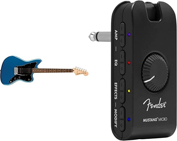 Squier by Fender Affinity Series Jazzmaster, diapasón de laurel indio, amplificador de micro auriculares Lake Placid Blue y Mustang