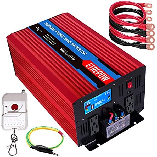 ETREPOW inversor de onda sinusoidal pura de 3000 vatios inversor de corriente de 12 V a 110 V con pantalla LCD cuatro salidas de CA, puerto USB de 2,1 A, ventiladores dobles y control remoto inalámbrico, pico de 2000 W LT30PUS12