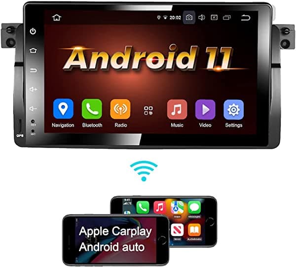 Amaseaudio Android 11 - Estéreo para auto, 1 DIN compatible con BMW E46 Serie 3 1999-2004, pantalla táctil de 9 pulgadas, DSP+, compatible con Apple Carplay/Android Auto/GPS Navi/HD1080P/arranque rápido/cámara de retroceso/OBDII