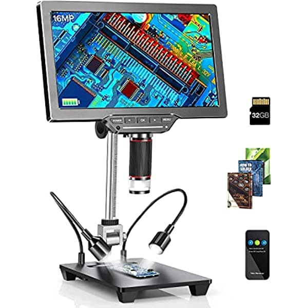 ULTRGEE Microscopio digital HDMI de 10 pulgadas, cámara de microscopio de moneda de 1500X-16MP-1080P con LCD, soporte de aleación equipado con microscopio de soldadura, compatible con Windows/Mac OS/TV, tubo de extensión incluido sdhfkj