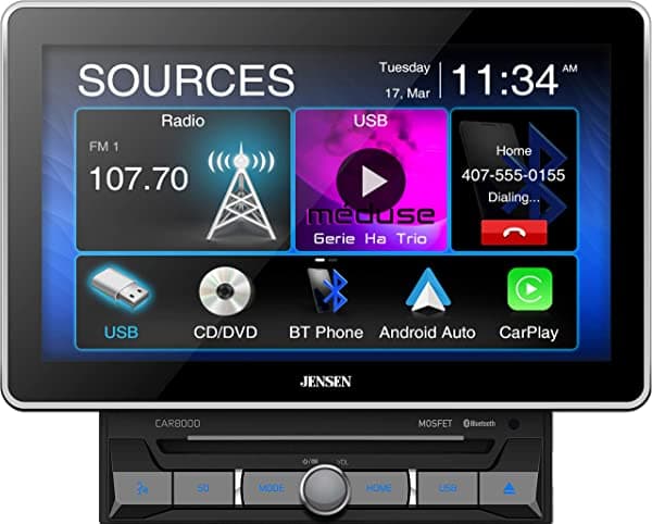 Jensen CAR8000 receptor multimedia de 10.1 pulgadas con pantalla táctil extra grande de CD/DVD con Apple CarPlay y Android Auto L MP4 Reproducción de video l Bluetooth integrado con transmisión de música A2DP y soporte para agenda telefónica