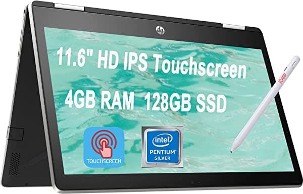 Último portátil HP Pavilion X360 11 2 en 1 11.6" HD IPS pantalla táctil Intel Quad-Core Pentium Silver N5000 4GB DDR4 128GB SSD HP Audio Boost WiFi HDMI + pluma