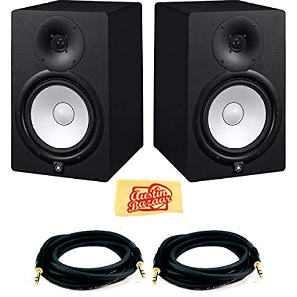 Yamaha HS8 - Par de monitores de estudio alimentados de 8 pulgadas con dos monitores, cables TRS y paño de pulido Austin Bazaar AUS-HS8-COMBO-DLX
