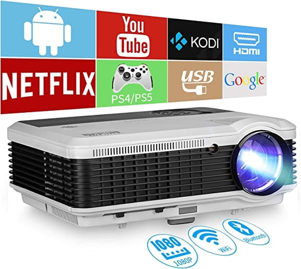 EUG Proyector Bluetooth WiFi para el hogar, proyectores de película LED LCD HD 1080P para exteriores, proyector de video de alto brillo de 8000 lúmenes, pantalla de visualización inalámbrica de 200 pulgadas, duplicación desde el teléfono, iPhone, Android, laptop DVD