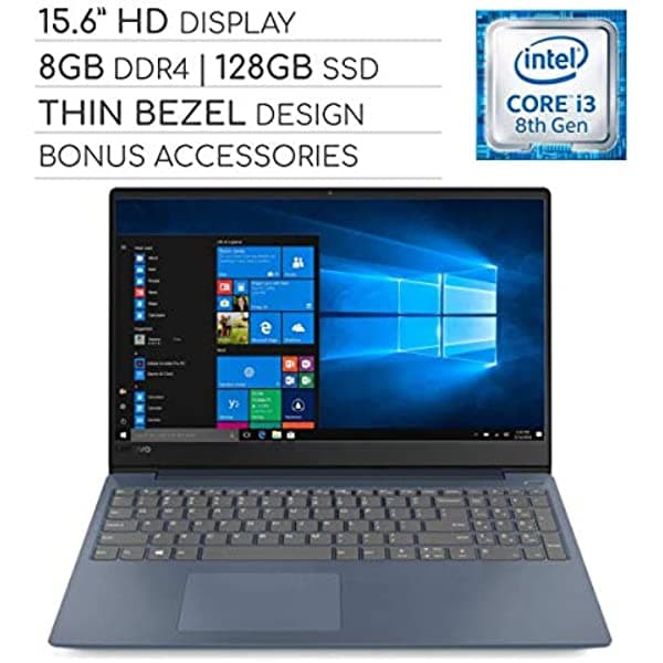 Lenovo IdeaPad Laptop Lenovo - Pantalla HD de 15,6", Intel Core i3, 8GB DDR4 RAM, 128 GB SSD + 32 GB USB Flash Driver, HDMI, Webcam, lector de tarjetas de memoria, Bluetooth, USB 3.1, Windows 10., Azul NA