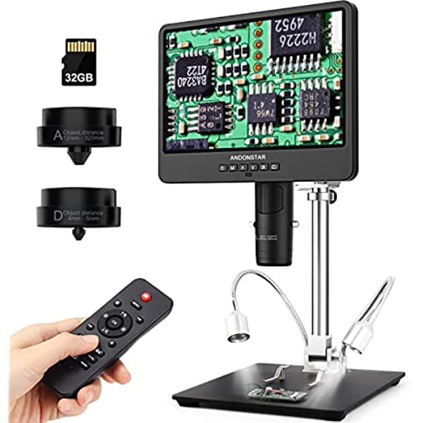 Andonstar AD249S-M Microscopio digital HDMI de 10.1 pulgadas 2000x para adultos, grabación de video UHD de 3 lentes, microscopio de soldadura, microscopio de moneda, kit de microscopio biológico con tarjeta 32G, compatible con Windows