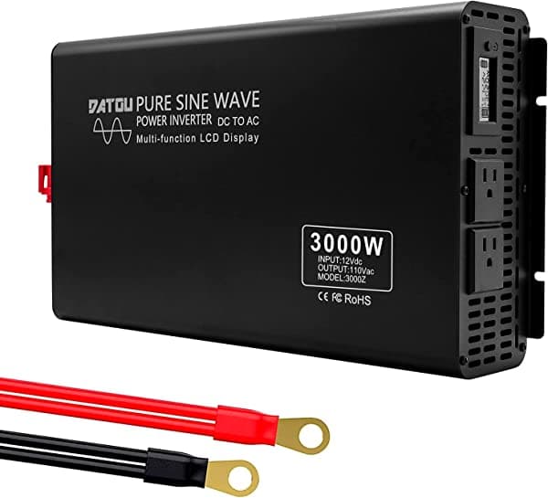 DATOUBOSS Inversor de corriente de 3000 W, inversor de onda sinusoidal pura pico de 6000 W, inversor de onda sinusoidal pura de 12 V CC a 110 V CA con salidas de CA dobles y convertidor de coche con pantalla LED