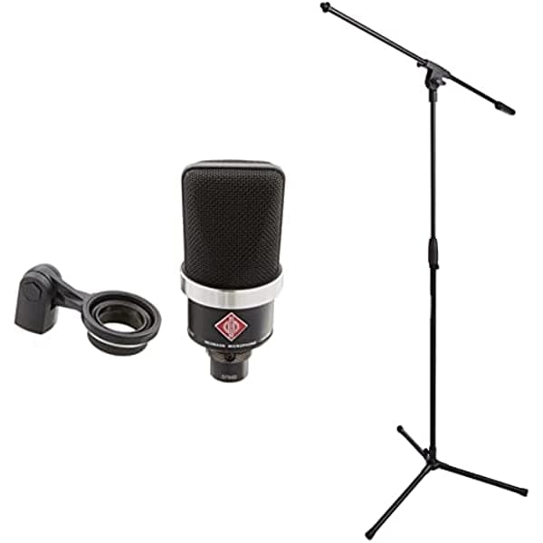 Neumann Micrófono de condensador vocal, negro (TLM 102 MT) y Amazon Basics soporte de micrófono de altura ajustable con base de trípode, hasta 85.75 pulgadas, color negro