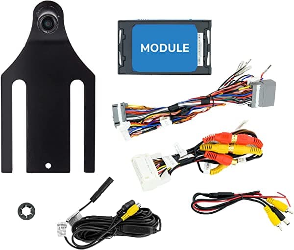 EchoMaster - Kit de cámara de retroceso compatible con Wrangler JK OEM My Gig Radios de video; cámara de marcha atrás impermeable con líneas guía de estacionamiento e interfaz de video plug-and-play; no requiere programación de concesionario EM-BUC-KIT-JW
