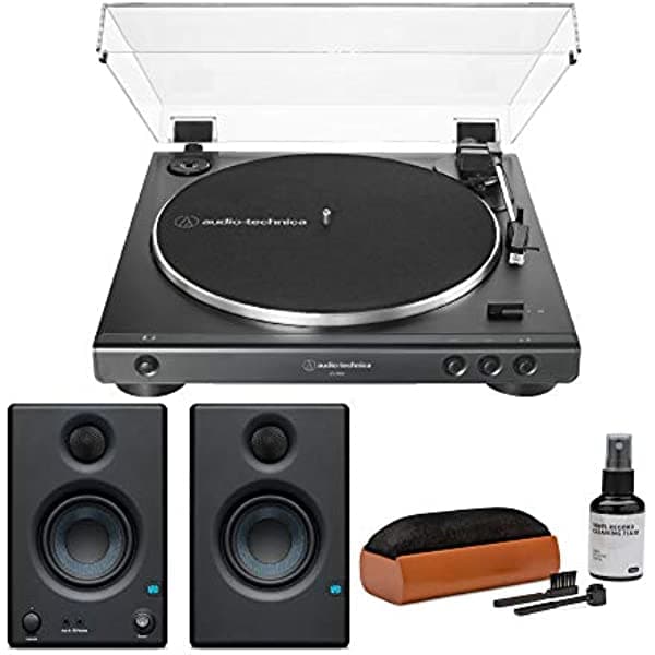 Audio-Technica AT-LP60X-BK - Tocadiscos estéreo totalmente automático con transmisión por correa con monitores Eris 3.5 y kit de limpieza de vinilo Knox