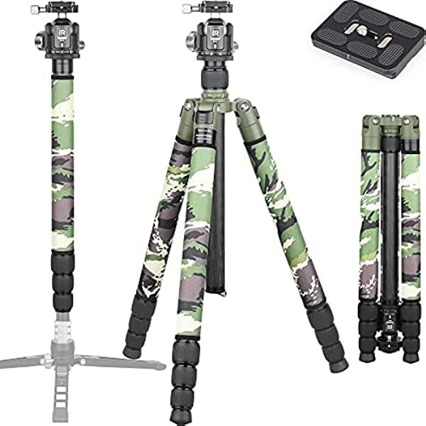 Trípode de fibra de carbono INNOREL RT85CG - Soporte súper profesional con centro de gravedad baja 360° Panoramic Ballhead y cubiertas de patas de camuflaje verde para cámara digital DSLR RT85CG+N44